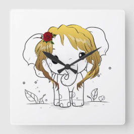 黄色い髪の美しい女性ベビーゾウ スクエア壁時計