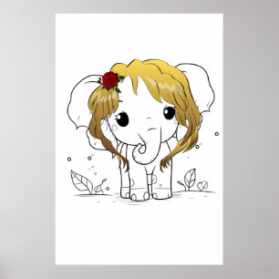 黄色い髪の美しい女性ベビーゾウ ポスター