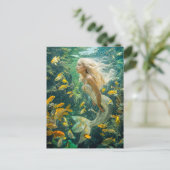 黄色い魚の学校の間で泳ぐ人魚 シーズンポストカード (スタンド正面)
