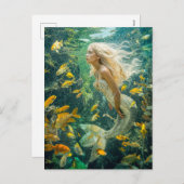 黄色い魚の学校の間で泳ぐ人魚 シーズンポストカード (正面/裏面)