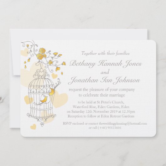 黄色い鳥がかごを開けて結婚式の招待を受ける 招待状 (裏面)