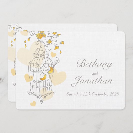 黄色い鳥がかごを開けて結婚式の招待を受ける 招待状 (正面/裏面)