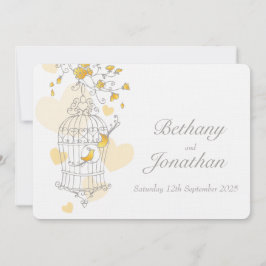 黄色い鳥がかごを開けて結婚式の招待を受ける 招待状