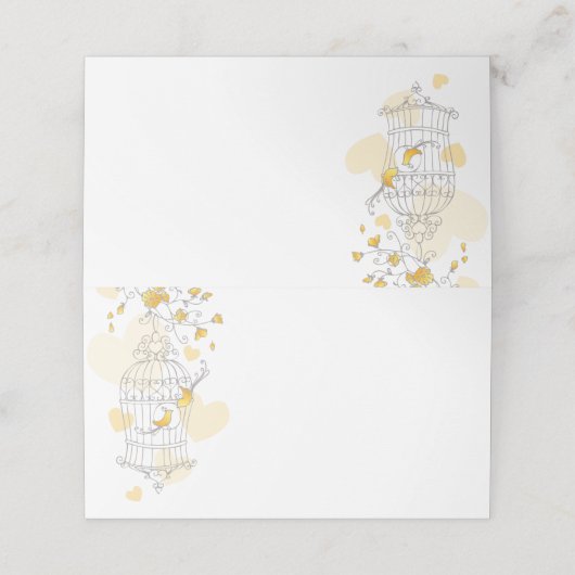 黄色い鳥がケージを開くグラフィックゲスト座席表 プレイスカード (外部開封)