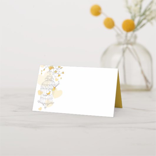 黄色い鳥がケージを開くグラフィックゲスト座席表 プレイスカード (正面)