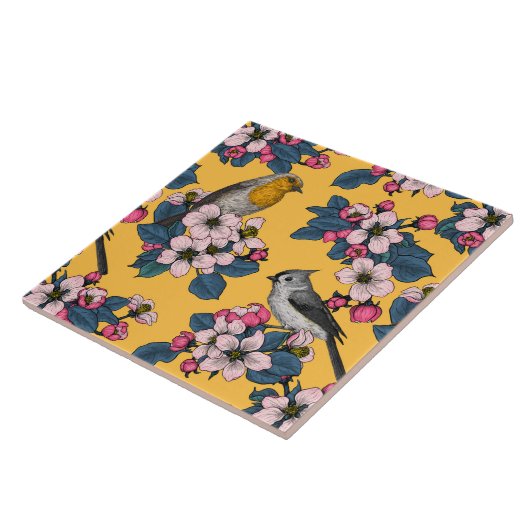 黄色い鳥と花 タイル (側面)