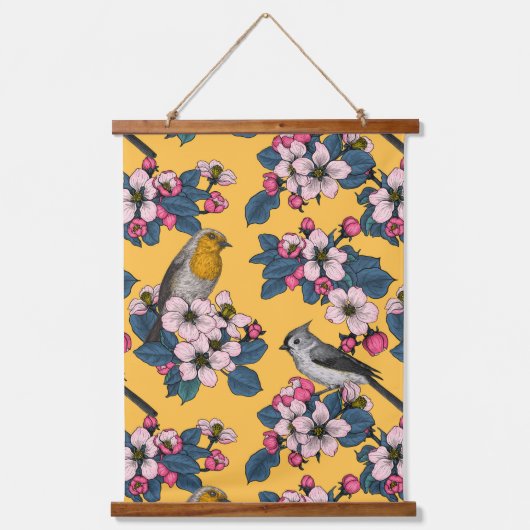 黄色い鳥と花 吊り下げ型タペストリー (正面)