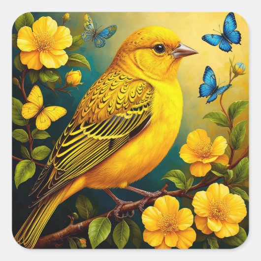 黄色い鳥のフラワースプリングジョイ 🐦🌸✨ スクエアシール (正面)
