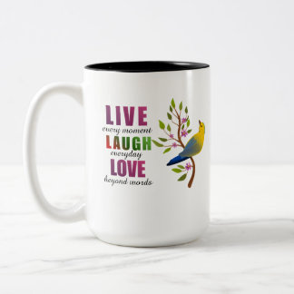 黄色い鳥のマグカップで人生を楽しもう Live Laugh Love ツートーンマグカップ