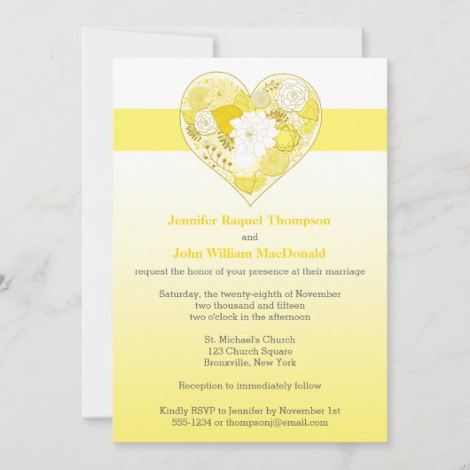 黄色い|を結婚します白|グラデーションな|の花柄|のハート 招待状 (正面)