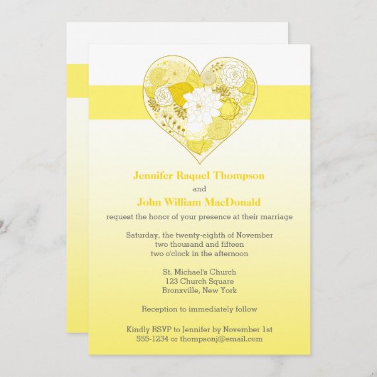 黄色い|を結婚します白|グラデーションな|の花柄|のハート 招待状 (正面/裏面)