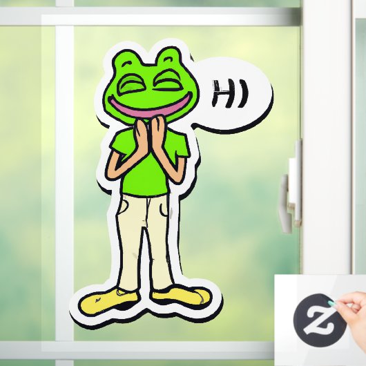 黄色いAIに浮かぶカエルの笑顔の頭を持つ人 ウィンドウサイン (ホーム)