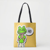 黄色いAIアートに浮かぶカエルの笑顔の男 トートバッグ (正面)