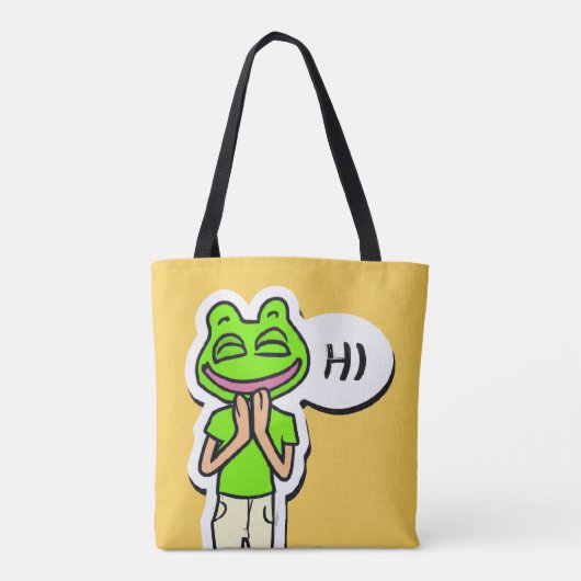 黄色いAIアートに浮かぶカエルの笑顔の男 トートバッグ (裏面)