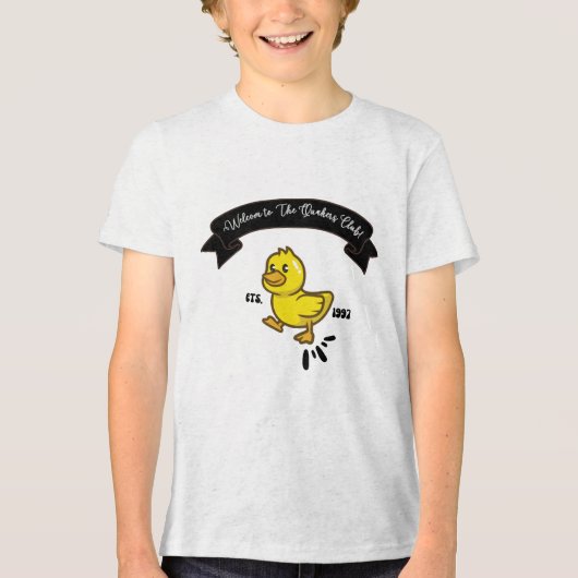黄色おもしろいいアヒルの歩くのおもしろい トライブレンドＴシャツ (正面)