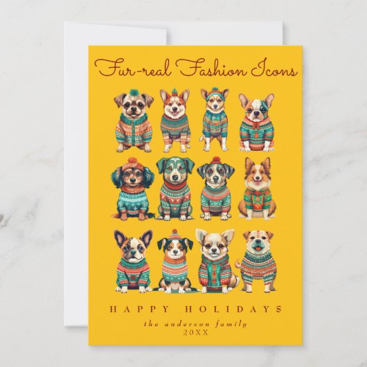 黄色おもしろいユニークのクリスマス気分のペット犬 シーズンカード (正面)
