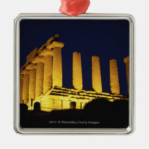 黄色およびオレンジとの夜のギリシャの寺院 メタルオーナメント