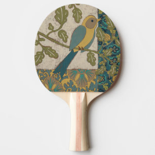 黄色および枝でとまるティール(緑がかった色)の青い鳥 卓球ラケット
