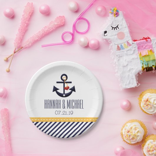 黄色および濃紺の航海のないかりの結婚式 ペーパープレート (パーティー)