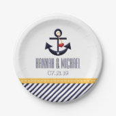 黄色および濃紺の航海のないかりの結婚式 ペーパープレート (正面)