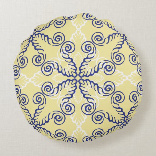 黄色および濃紺パターン円形の枕 ラウンドクッション (裏面)