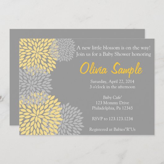 黄色および灰色のダリアのベビーシャワーの招待状 招待状 (正面/裏面)