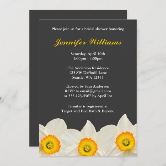 黄色および灰色のラッパスイセンの花のブライダルシャワー 招待状 (正面/裏面)