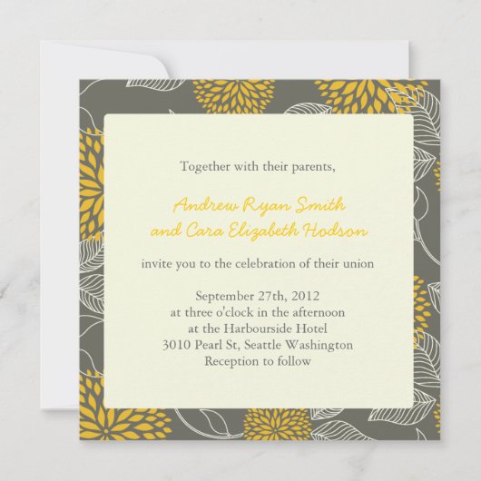 黄色および灰色のヴィンテージの花の結婚式の招待 招待状 (正面)