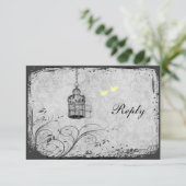 黄色および灰色の鳥かごの仲の良い恋人同士の応答カード 出欠カード (スタンド正面)