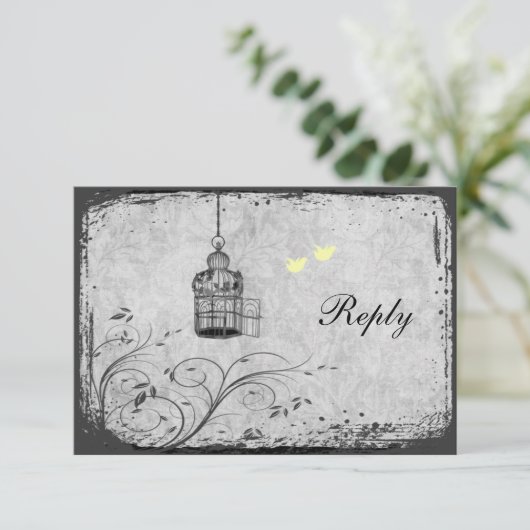 黄色および灰色の鳥かごの仲の良い恋人同士の応答カード 出欠カード (スタンド正面)