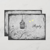 黄色および灰色の鳥かごの仲の良い恋人同士の応答カード 出欠カード (正面/裏面)