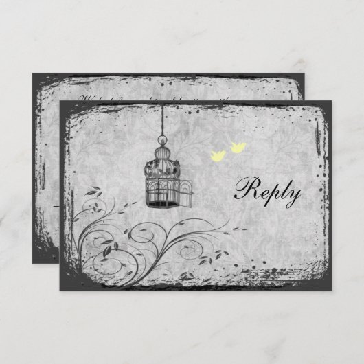 黄色および灰色の鳥かごの仲の良い恋人同士の応答カード 出欠カード (正面/裏面)