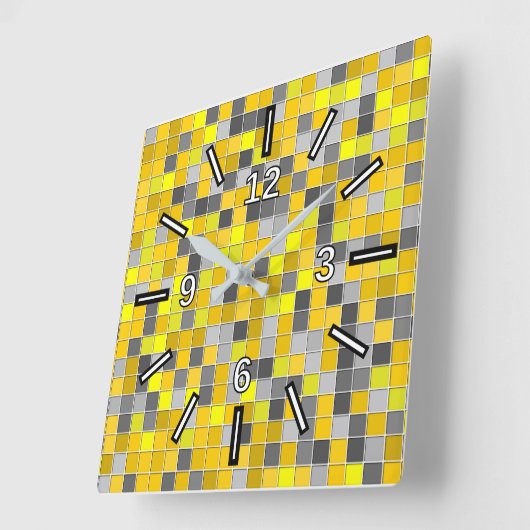 黄色および灰色は正方形パターンをタイルを張りました スクエア壁時計 (傾斜)
