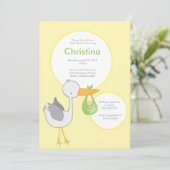 黄色および緑のこうのとりのベビーシャワーの招待状 招待状 (スタンド正面)