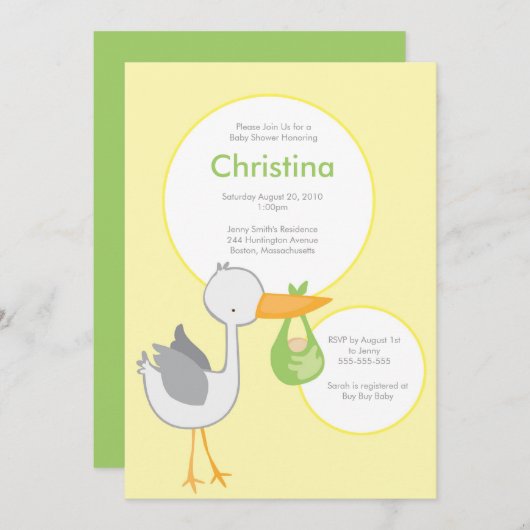 黄色および緑のこうのとりのベビーシャワーの招待状 招待状 (正面/裏面)