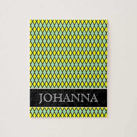 黄色および緑のダイヤモンドの形パターン + 名前 ジグソーパズル (縦)