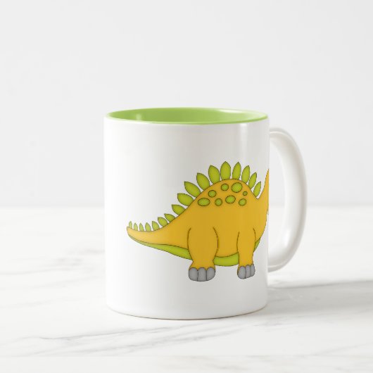黄色および緑恐竜+名前を個人化して下さい ツートーンマグカップ (正面右)