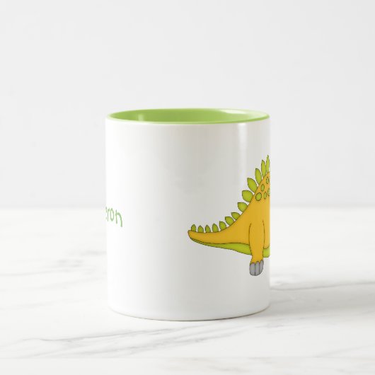 黄色および緑恐竜+名前を個人化して下さい ツートーンマグカップ (中央)