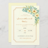 黄色および金ゴールドフローラ結婚式招待状 招待状 (正面/裏面)