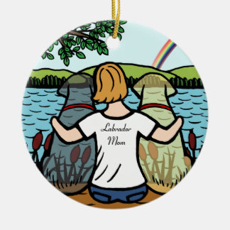 黄色および黒いラブラドールの天使およびお母さん2 セラミックオーナメント