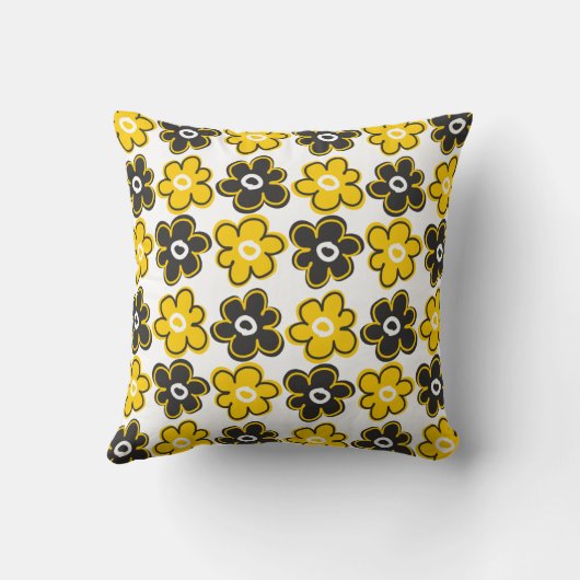黄色および黒いレトロの花模様 クッション (裏面)