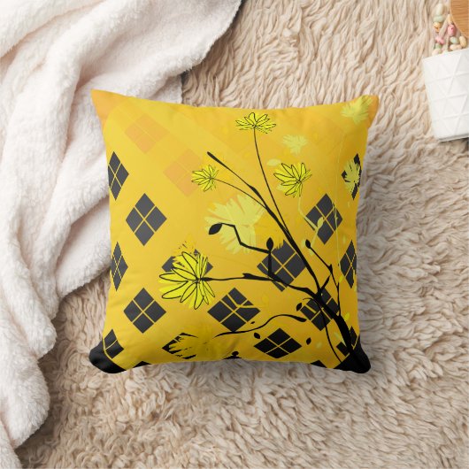黄色および黒い花柄の抽象芸術の枕 クッション (ブランケット)