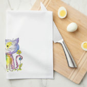 黄色お洒落い花が咲き乱れたかわいいハッピーネコ キッチンタオル (四つ折り)