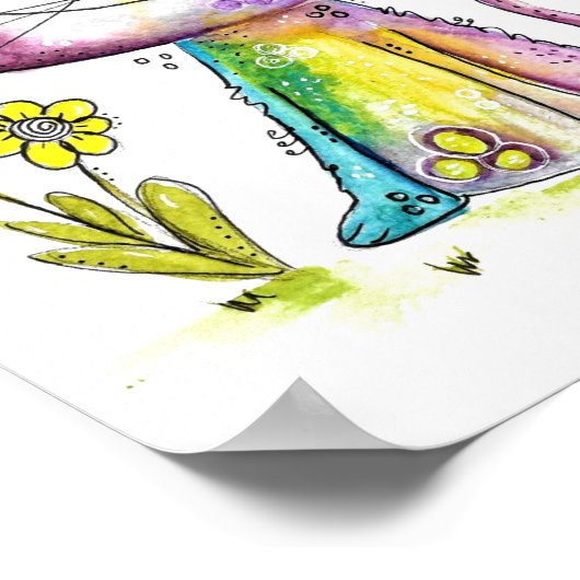 黄色お洒落い花が咲き乱れたかわいいハッピーネコ ポスター (角)