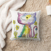 黄色お洒落い花が咲くかわいいハッピーネコ クッション (ブランケット)