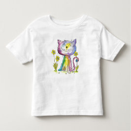 黄色お洒落い花が咲くかわいいハッピーネコ トドラーTシャツ