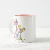 黄色お洒落い花が咲くかわいいピンクの猫 ツートーンマグカップ (正面左)