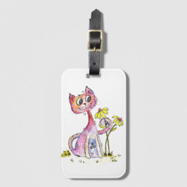 黄色お洒落い花が咲くかわいいピンクの猫 ラゲッジタグ