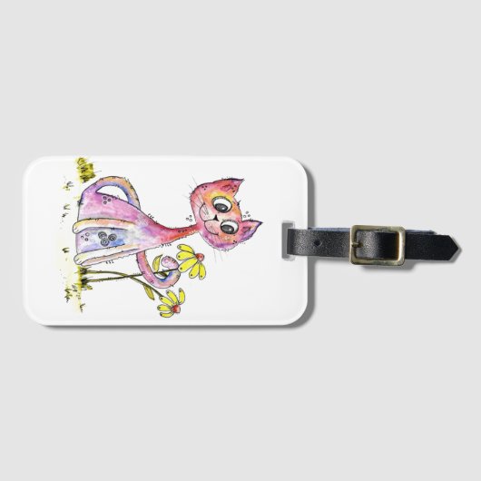 黄色お洒落い花が咲くかわいいピンクの猫 ラゲッジタグ (正面横)