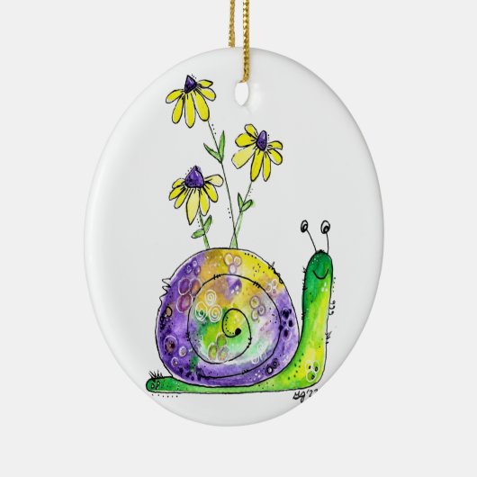 黄色お洒落い花が咲く、かわいいハッピースカタツムリ セラミックオーナメント (右)